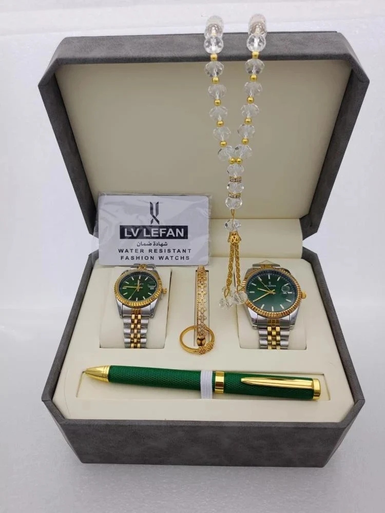 "Men's Stainless Steel Set: Watch, Rosary, Pen & Cufflinks"