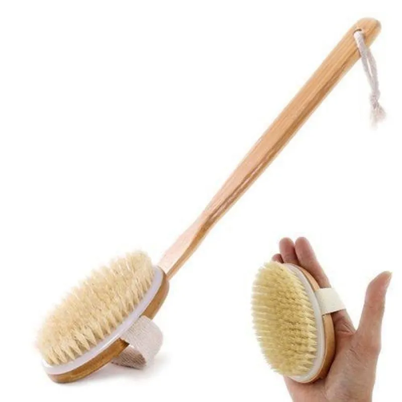 Bath loofah with long wooden stand