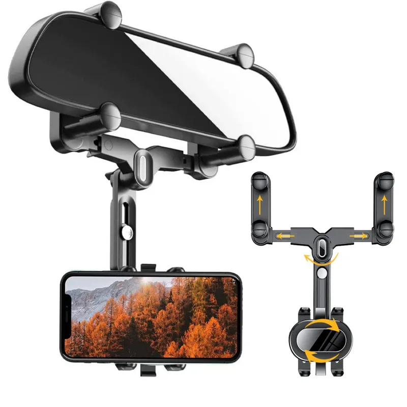 360° Car Rearview Mirror Phone Holder - Compatible with Phones and GPS