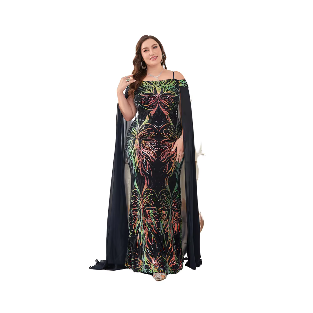 Plus Size Black Cold Shoulder Floral Sequin Evening Dress with Cloak Sleeve