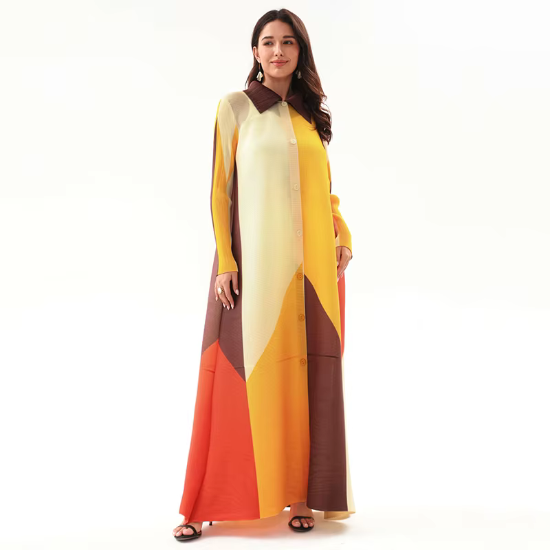 Miyake Color Block Pleated Polo-Neck Maxi Dress for Women