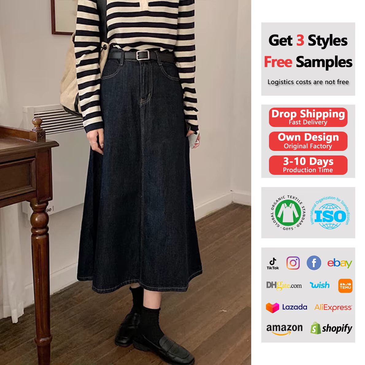 Korean High Waist Vintage Denim Midi Skirt with Pockets for Women