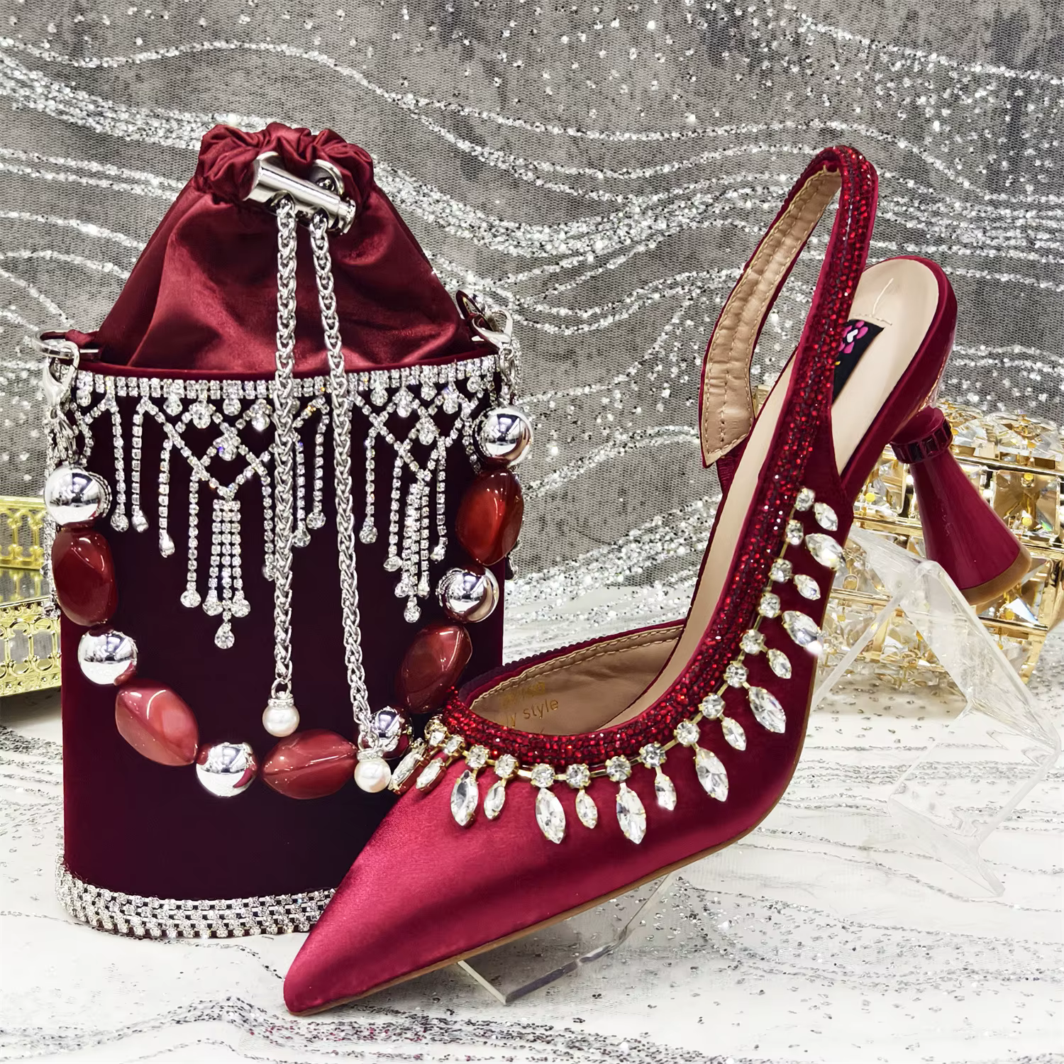 Elegant Women's Rhinestone Heels with Matching Evening Bag Set