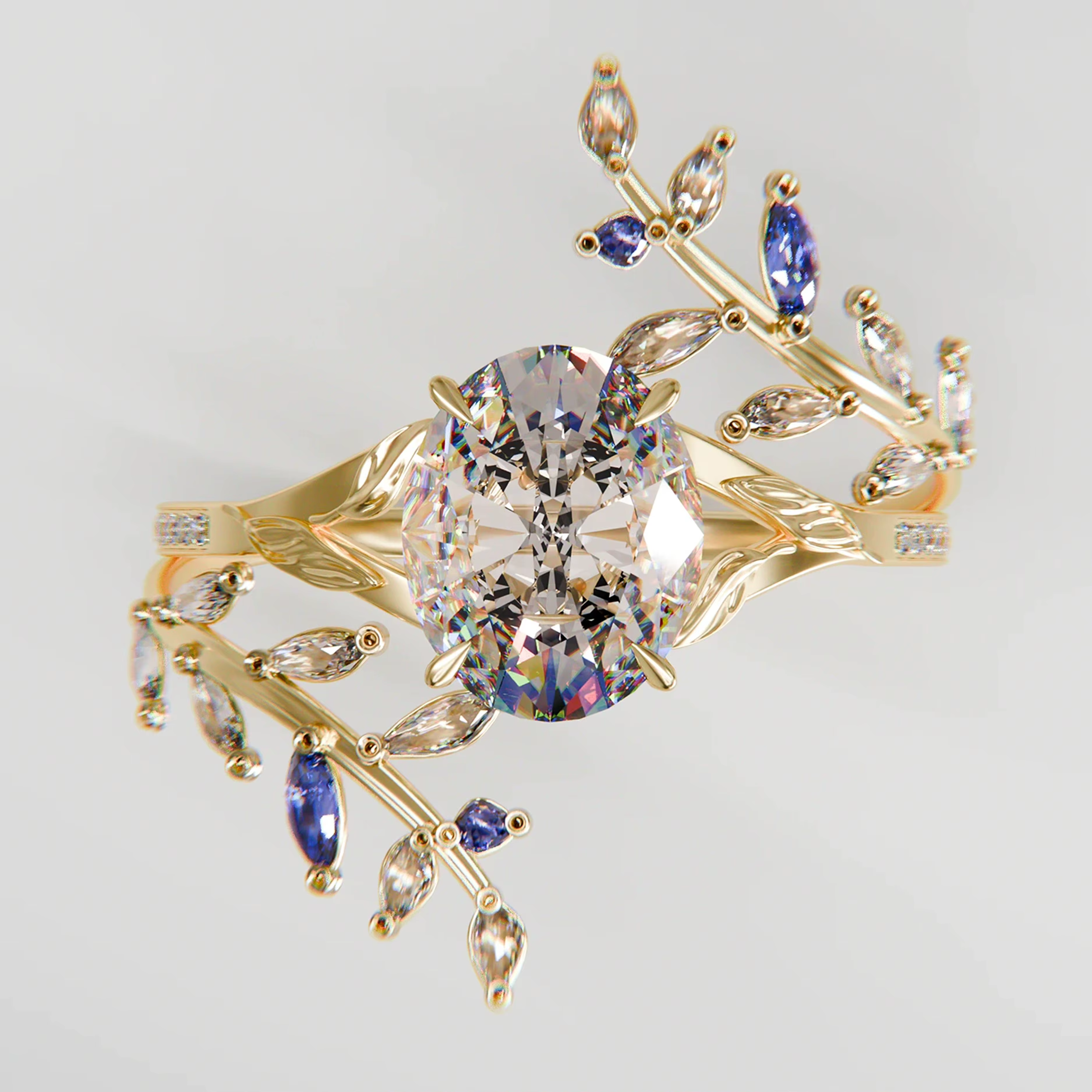 Luxury Oval Cut Diamond Ring - Gold Plated Floral Design