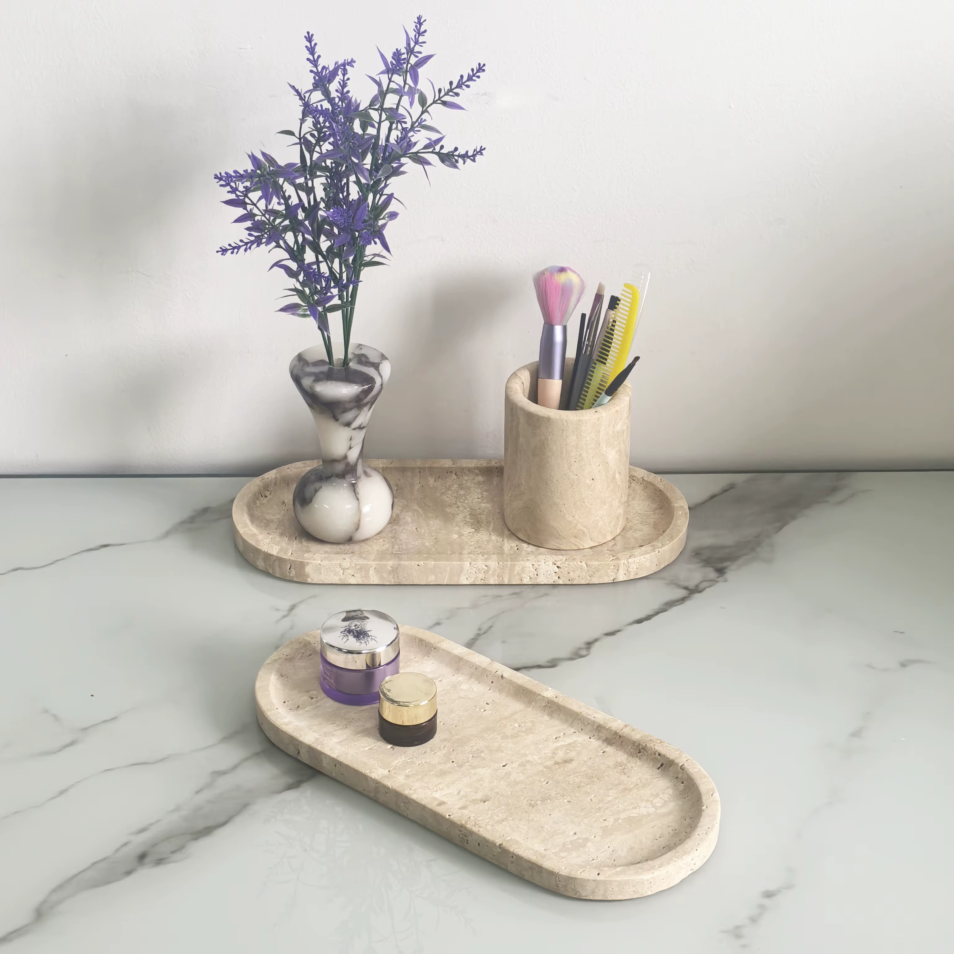 Telazzo Modern Oval Decorative Tray - Natural Marble, 30x13cm