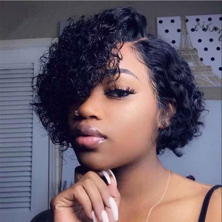 180% Density Natural Black Pixie Bob Curly Wig - LSY Hair