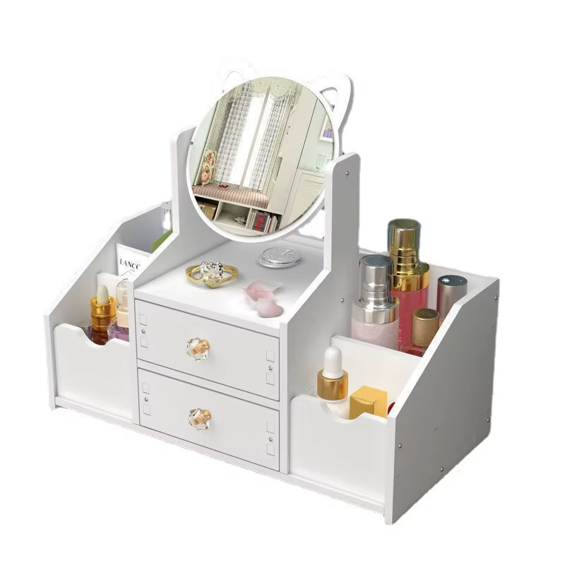 Luxury White Round Mirror Nordic Cosmetic Storage Box Makeup Organizer