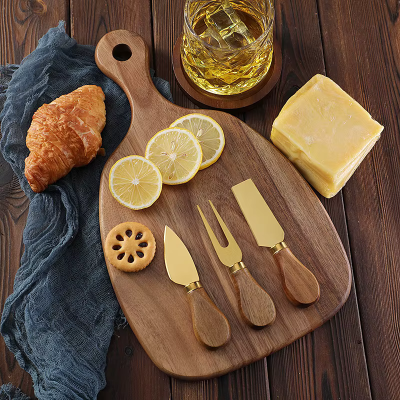 Wooden Fruit Cutting Board Set with Gold Knives - Acacia Wood Kitchen Utensils