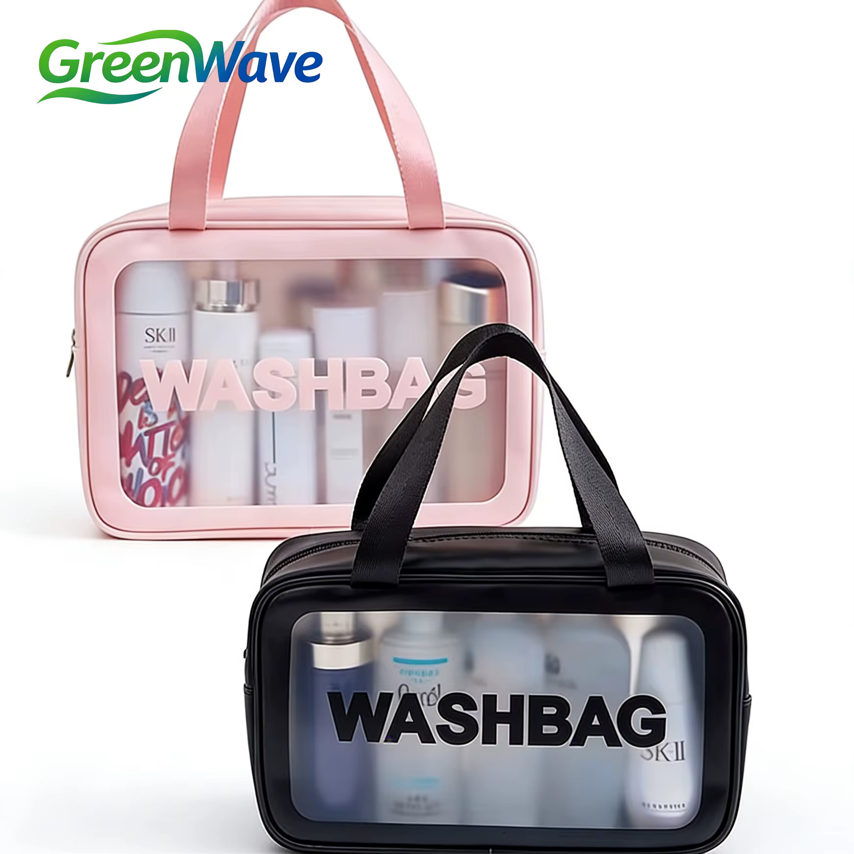 GreenWave Washbag - Waterproof PVC Cosmetic Bag with Large Capacity