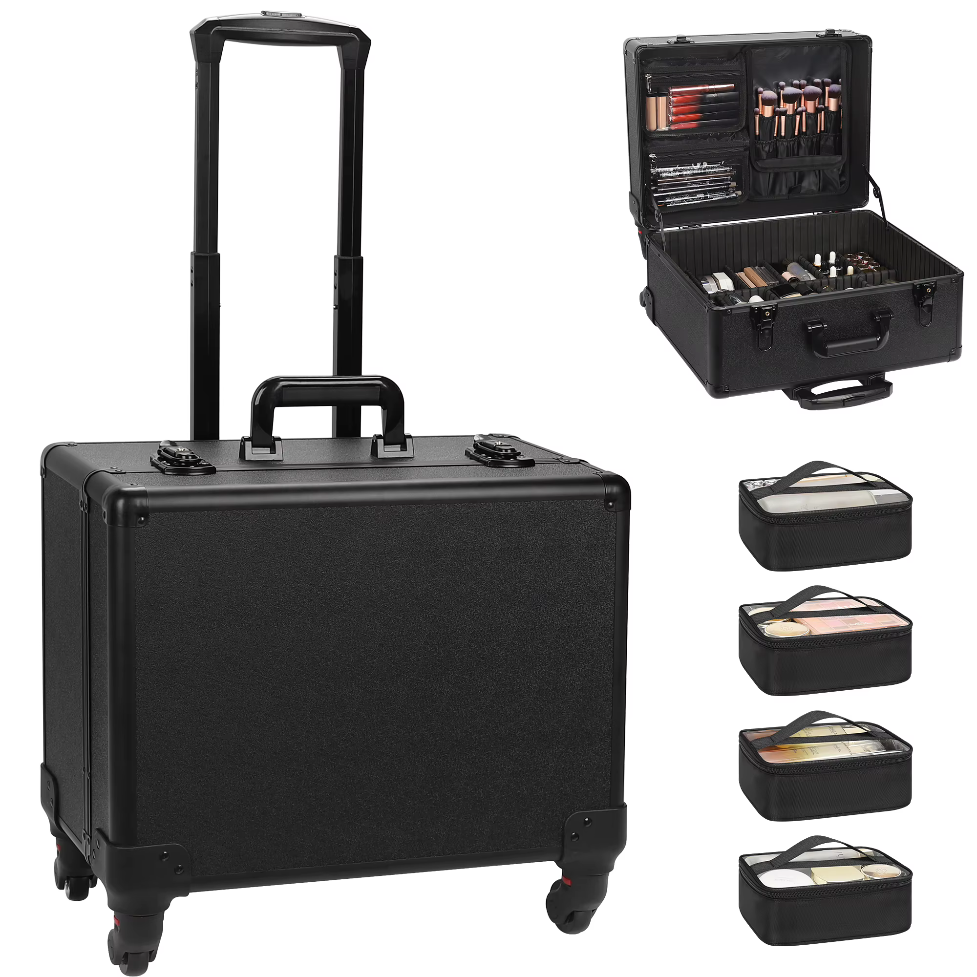 Relavel XL Rolling Makeup Case with 6 Removable Pouches & 360° Spinner Wheels