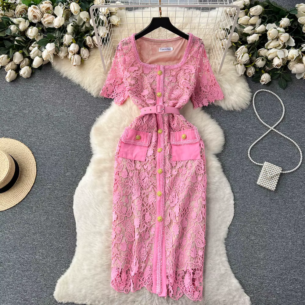 Elegant Pink Lace Bodycon Dress with Beading and Belt