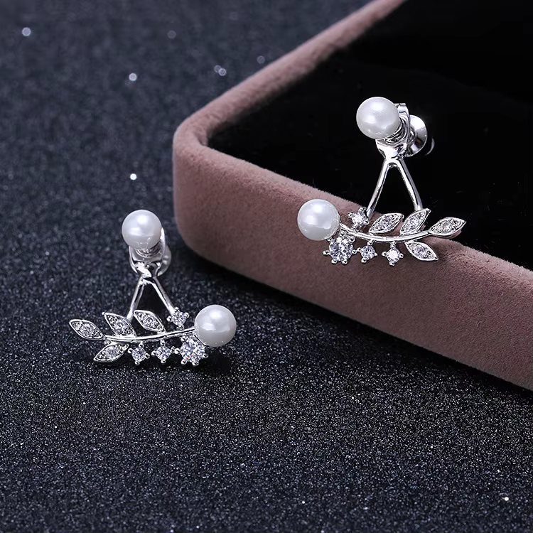 S925 Sterling Silver Pearl Earrings with Zircon Leaves - Trendy Jewelry
