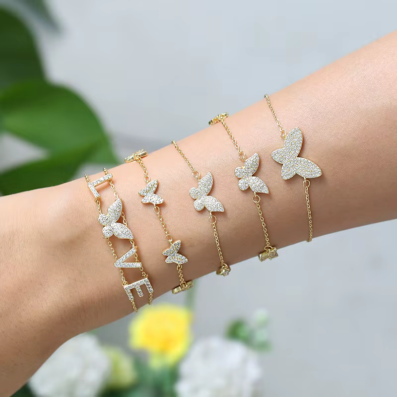 Shiny Gold Butterfly Charm Bracelet - Adjustable Women's Jewelry