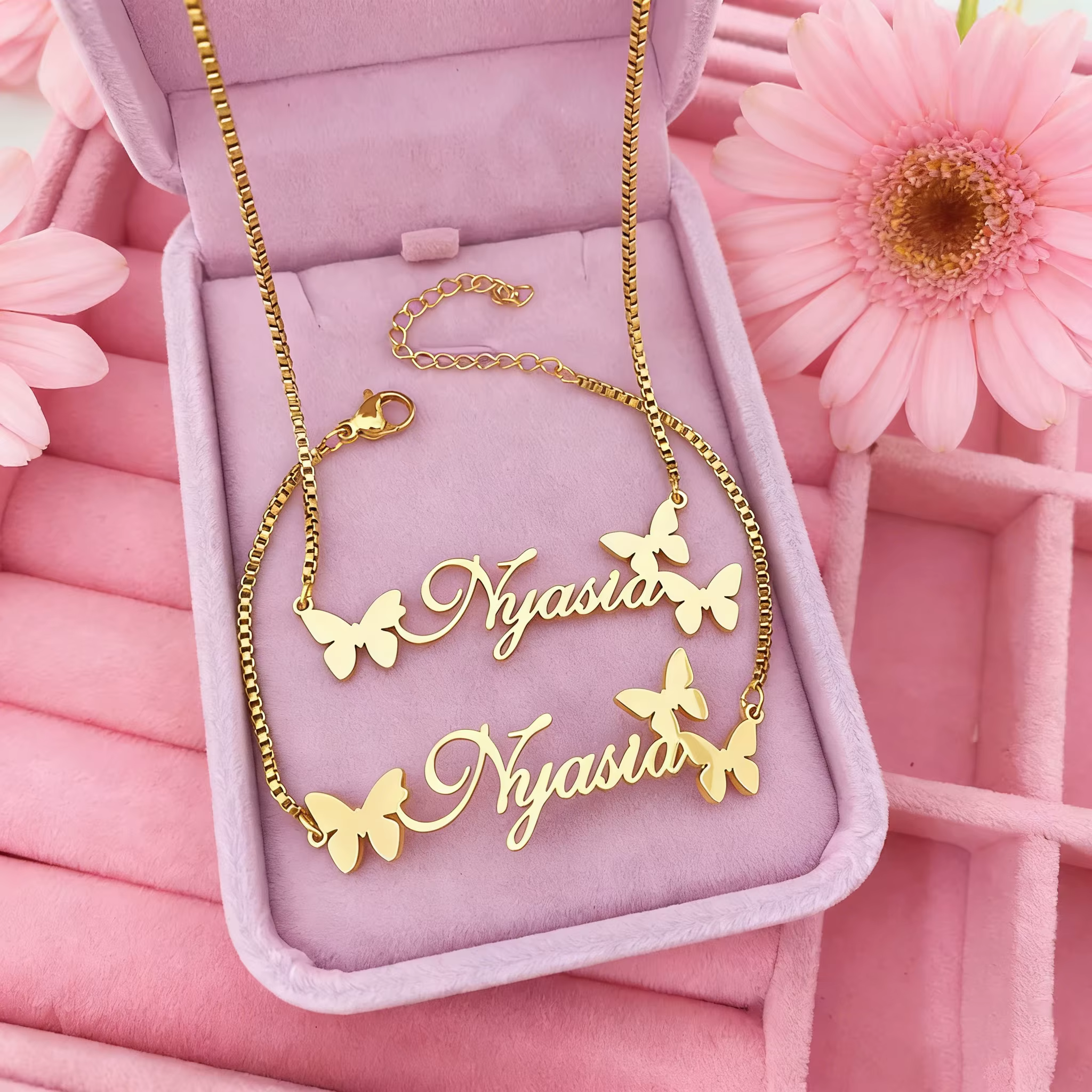 Qiuhan Personalized Gold Plated Butterfly Name Jewelry Set