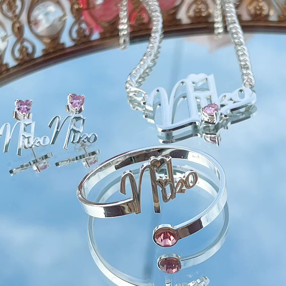 QIUHAN Custom Name Jewelry Set - Zircon Earrings & Necklace for Kids