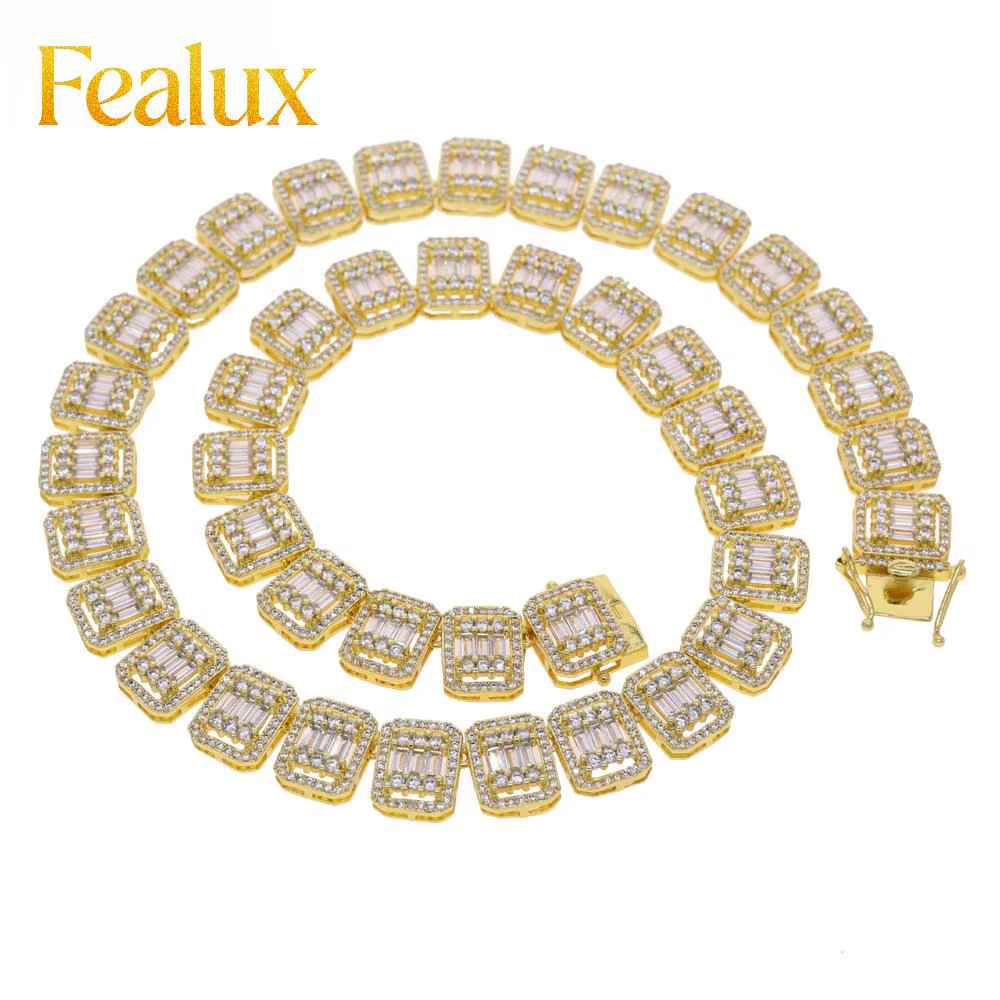 Fealux 13MM Iced Out Tennis Chain Necklace - Gold Plated Hip Hop Jewelry