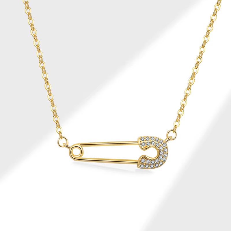 Trendy Gold Safety Pin Necklace with Diamonds for Women