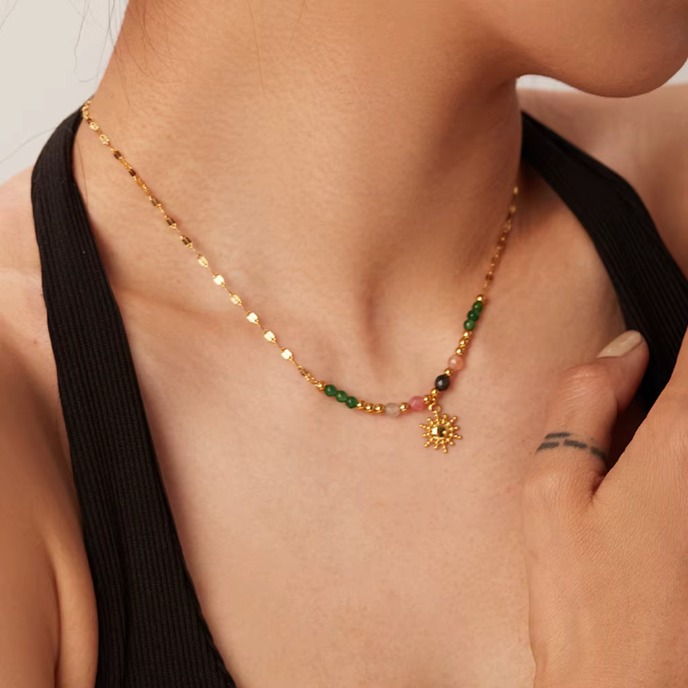 Trendy Gold Plated Sun Pendant Necklace with Natural Stones