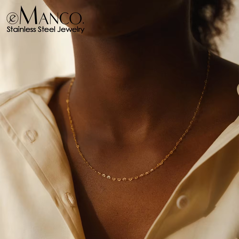 EManco 14K Gold PVD Plated Heart Link Chain Necklace for Women