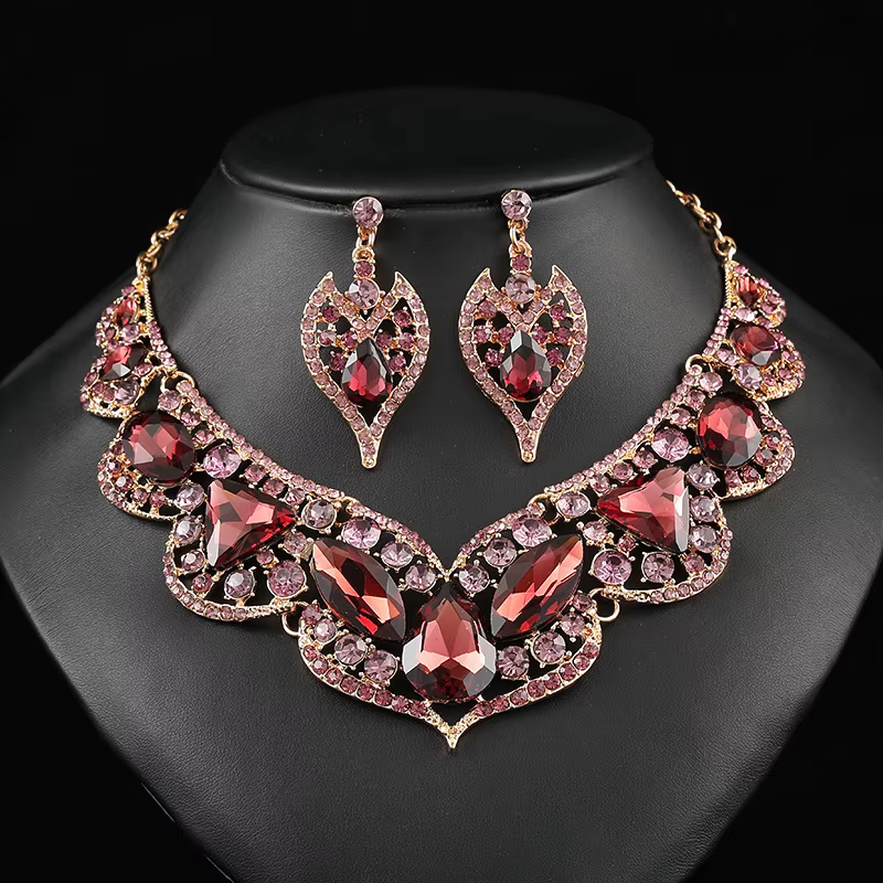 Exaggerated Retro Bridal Jewelry Necklace & Earrings Set - Elegant Austrian Crystal