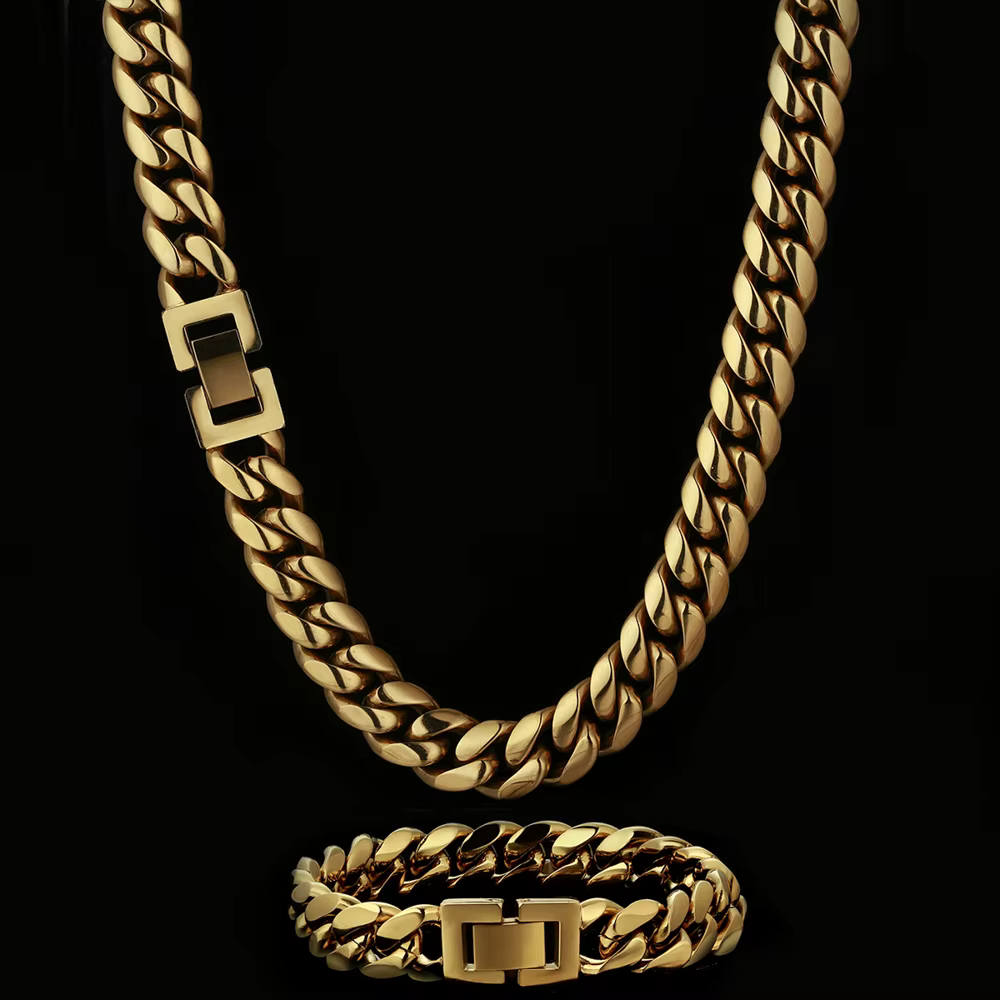 12mm Heavy Miami Cuban Link Chain Necklace & Bracelet Set - Gold/Silver Plated