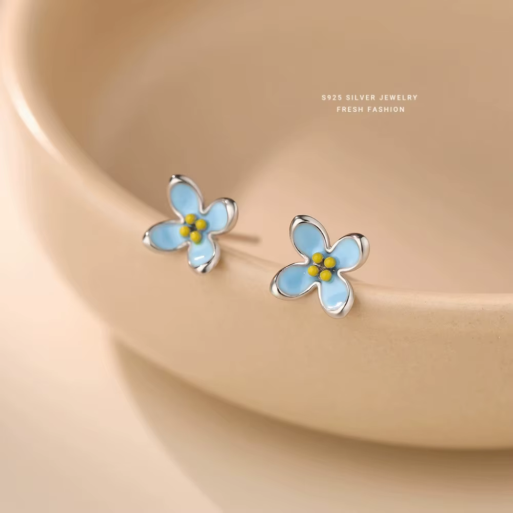 Epoxy Blue Flower Stud Earrings - 925 Silver Jewelry for Women