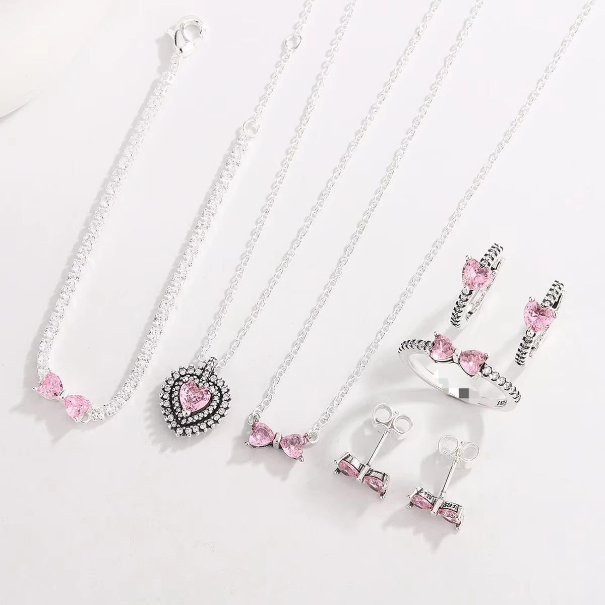 925 Sterling Silver Pink Heart Bow Jewelry Set for Women