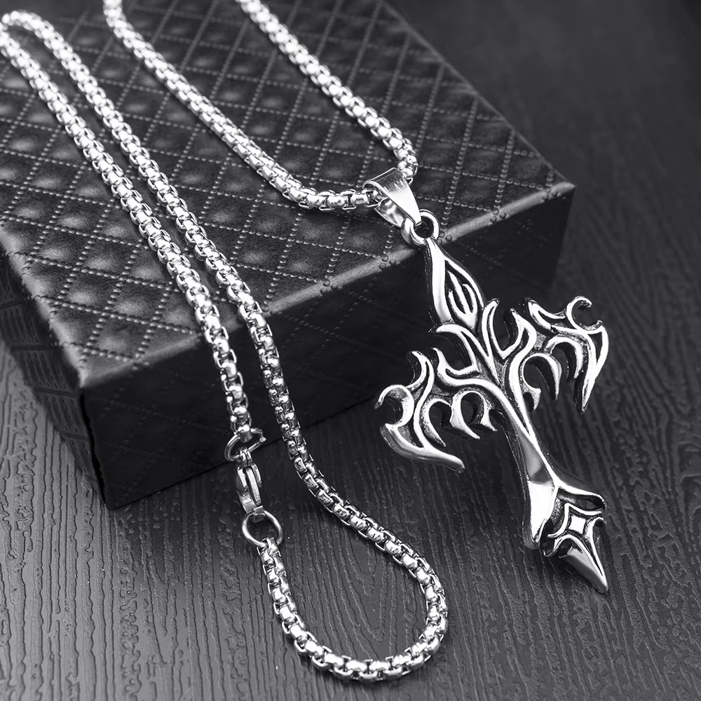 Hip-hop Fashion Flame Cross Titanium Necklace - Unisex Retro Jewelry