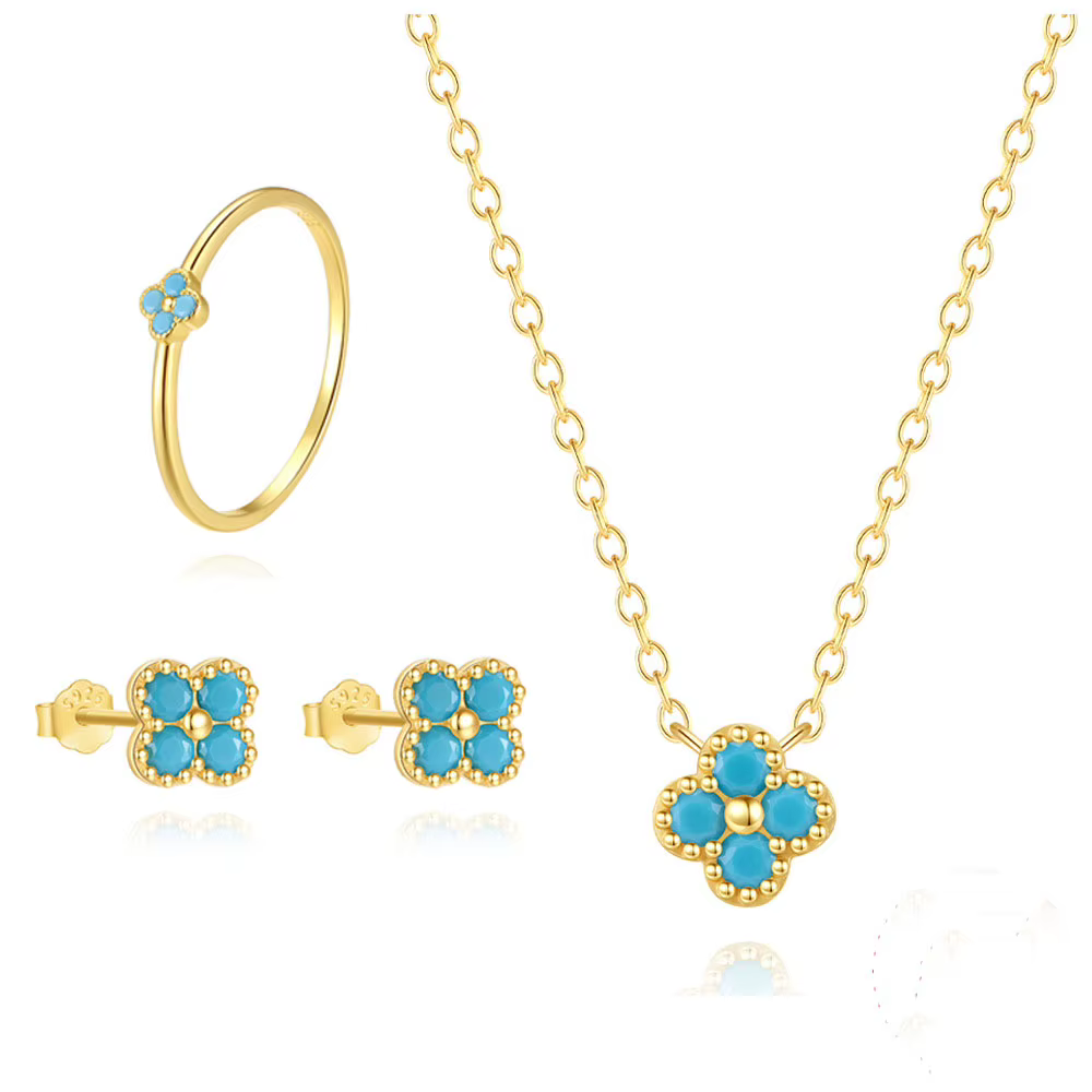 Four Leaf Clover Jewelry Set - Gold Plated Necklace & Earrings