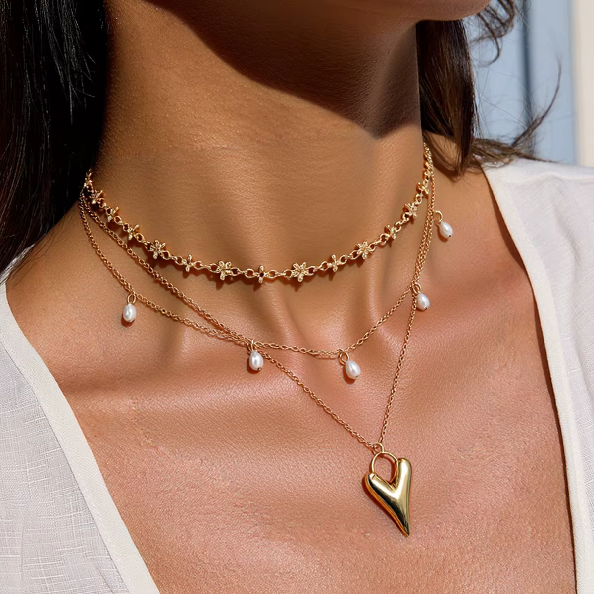 Trendy Multi-layer Gold Necklace with Heart Pendant and Imitation Pearls