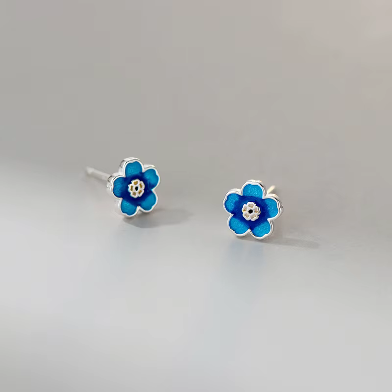 Fashion Minimalist 925 Sterling Silver Blue Enamel Flower Stud Earrings