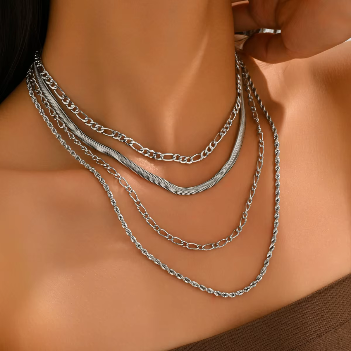 4pcs Silver Iron Alloy Chain Necklace Set - Waterproof & Adjustable