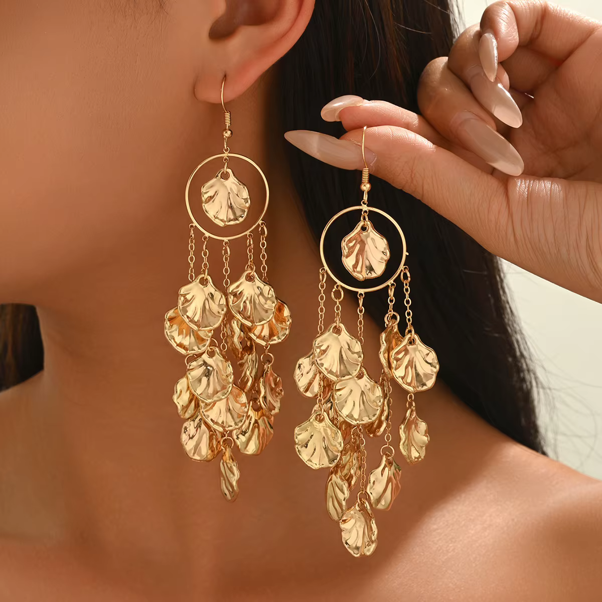 Gold Plated Shell Long Tassel Earrings for Women