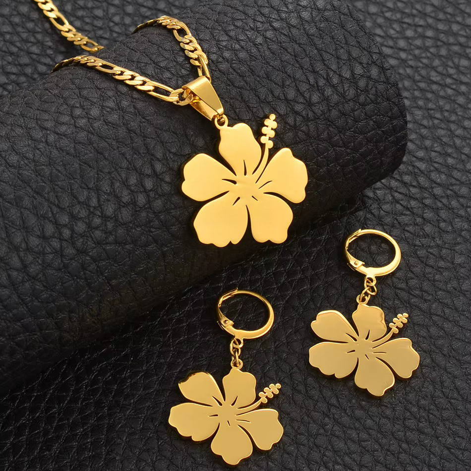 Hibiscus Flower Jewelry Set - Gold Plated Necklace & Earrings