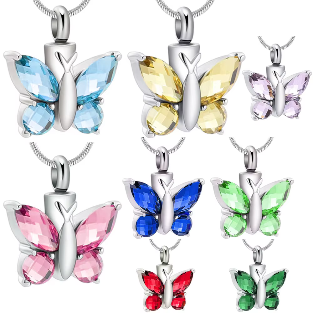 Stainless Steel Butterfly Crystal Cremation Jewelry Pendant - Memorial Necklace