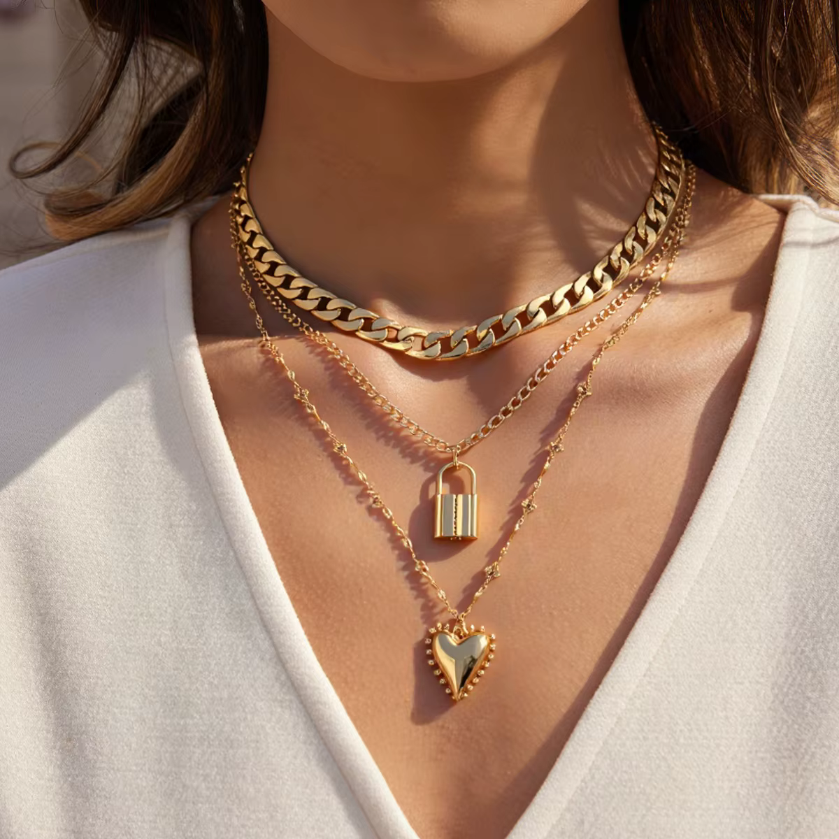 Luxury Gold Alloy Three-Layer Necklace with Heart & Lock Pendants