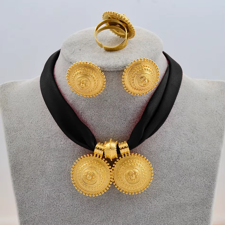 Ethiopian Jewelry Set - Gold Plated Necklace, Earrings & Ring