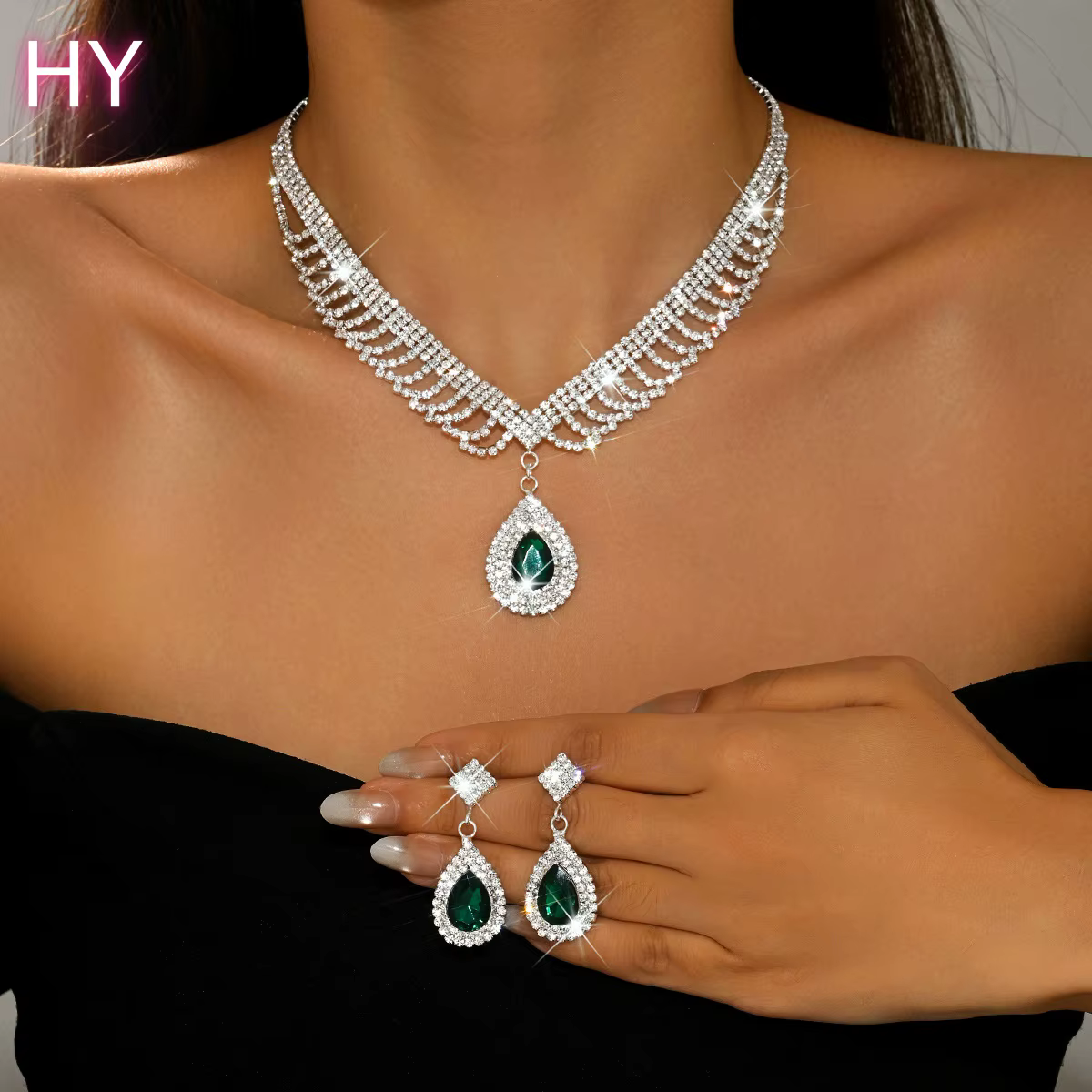 HY Wedding Jewelry Set - Shiny Rhinestone Tassel Necklace & Earrings