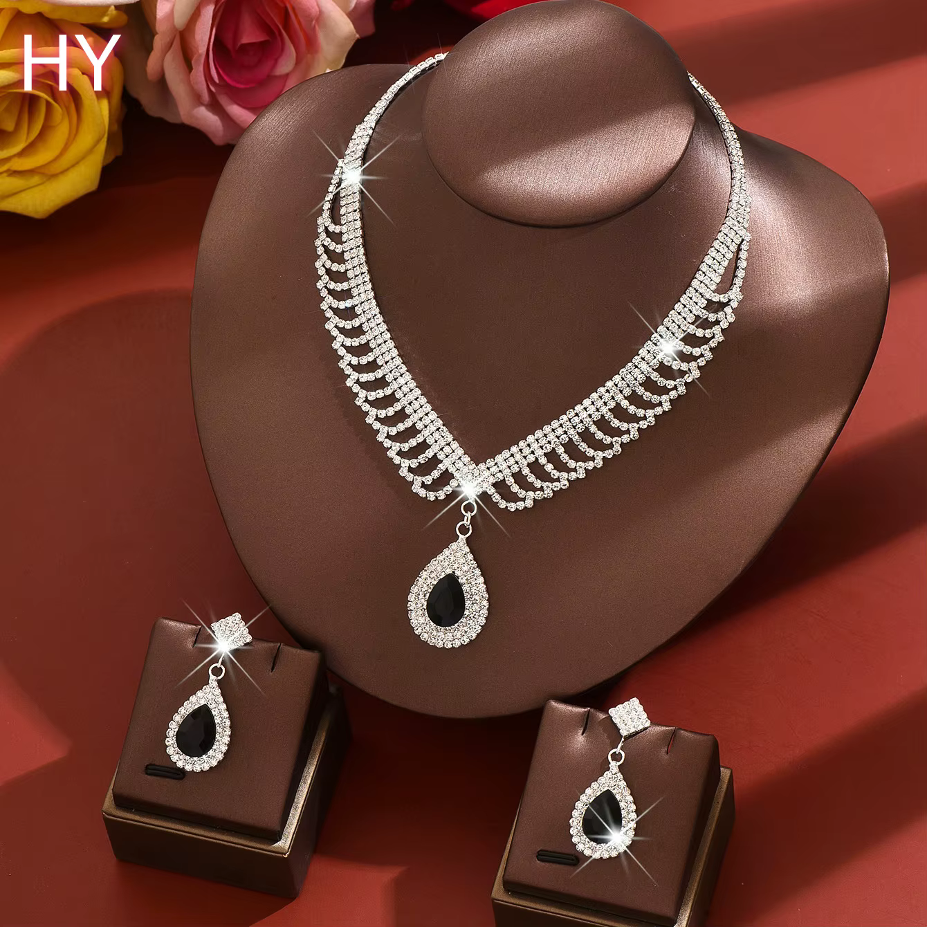 HY Elegant Rhinestone Wedding Jewelry Set with Waterdrop Pendant