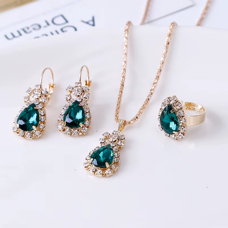 Elegant Bridal Jewelry Set - Oval Drop Pendant with Earrings and Ring