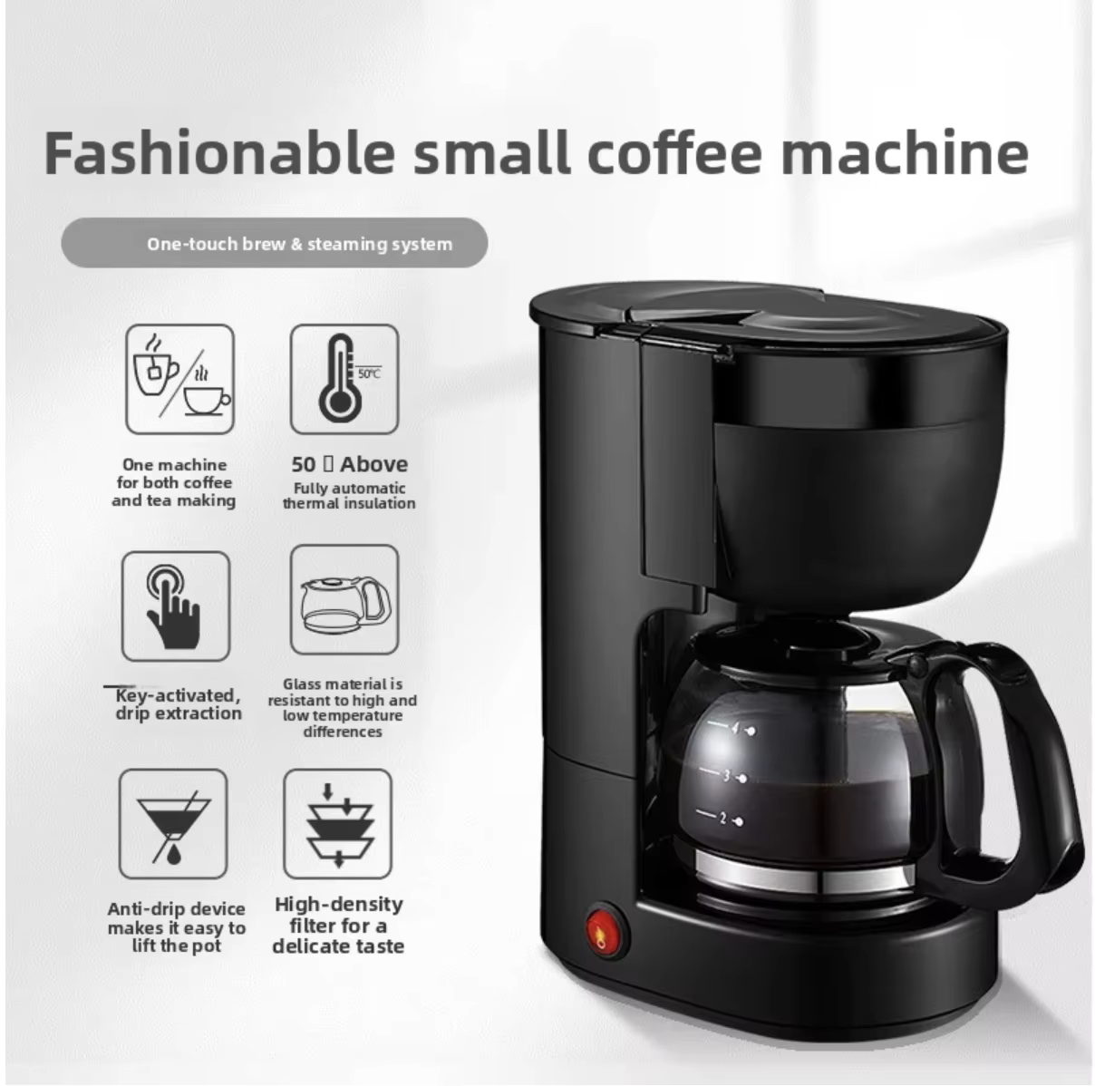 Drip Coffee Machine - 6-10 Cups, Automatic, Food-grade PP Material
