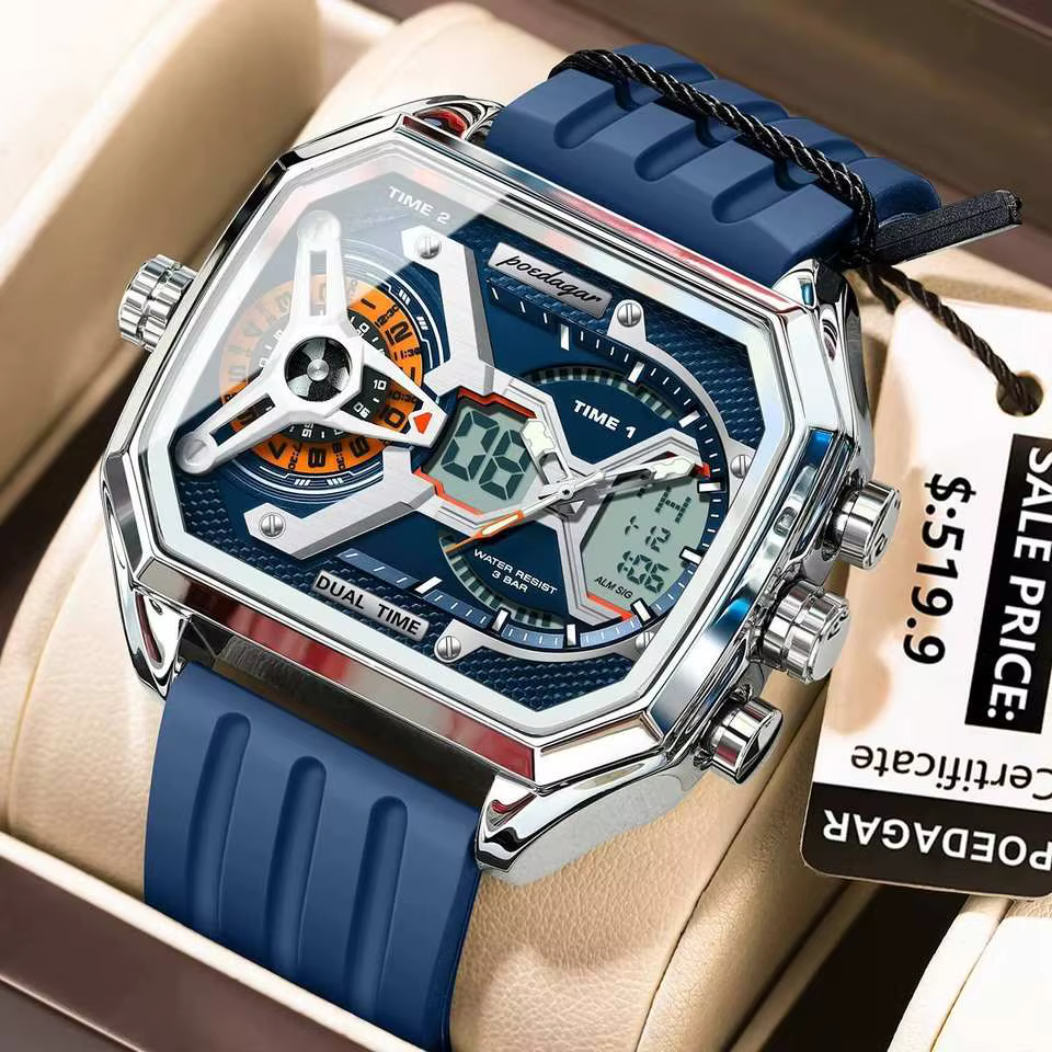 POEDAGAR E106 Men's Quartz Watch - Dual Time, Luminous, Silicone Strap