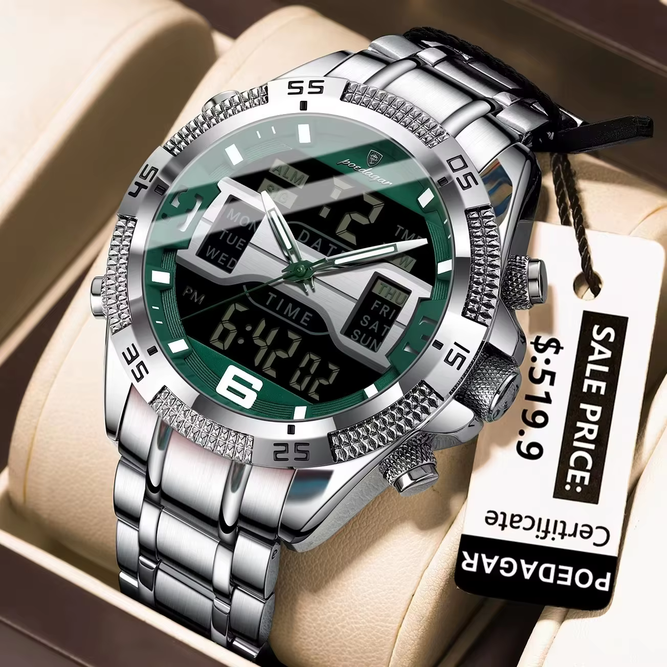 POEDAGAR Men's Stainless Steel Sports Watch with Luminous Display