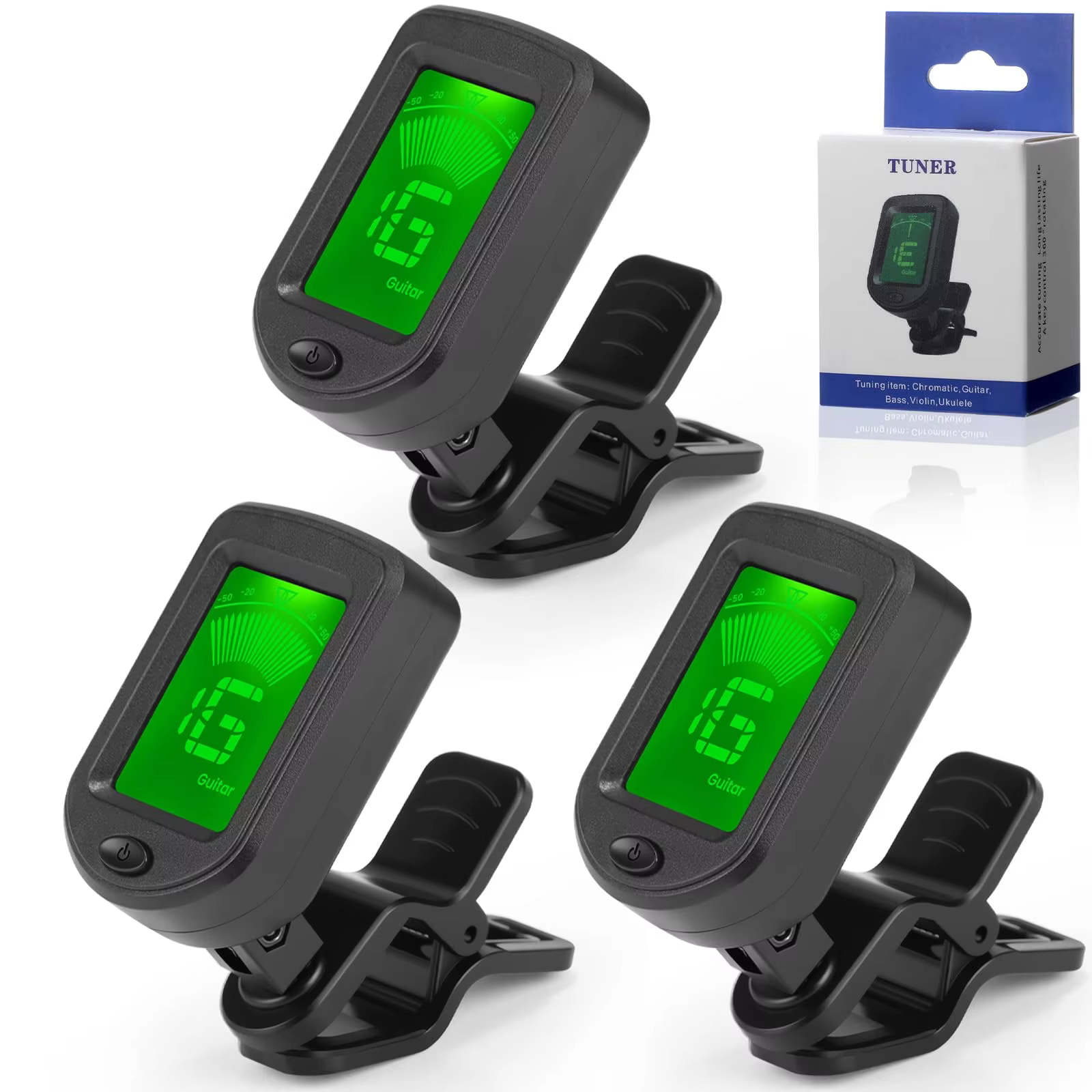 Boao Clip on Guitar Tuner - 3 Pack with LCD Display & 360° Rotation