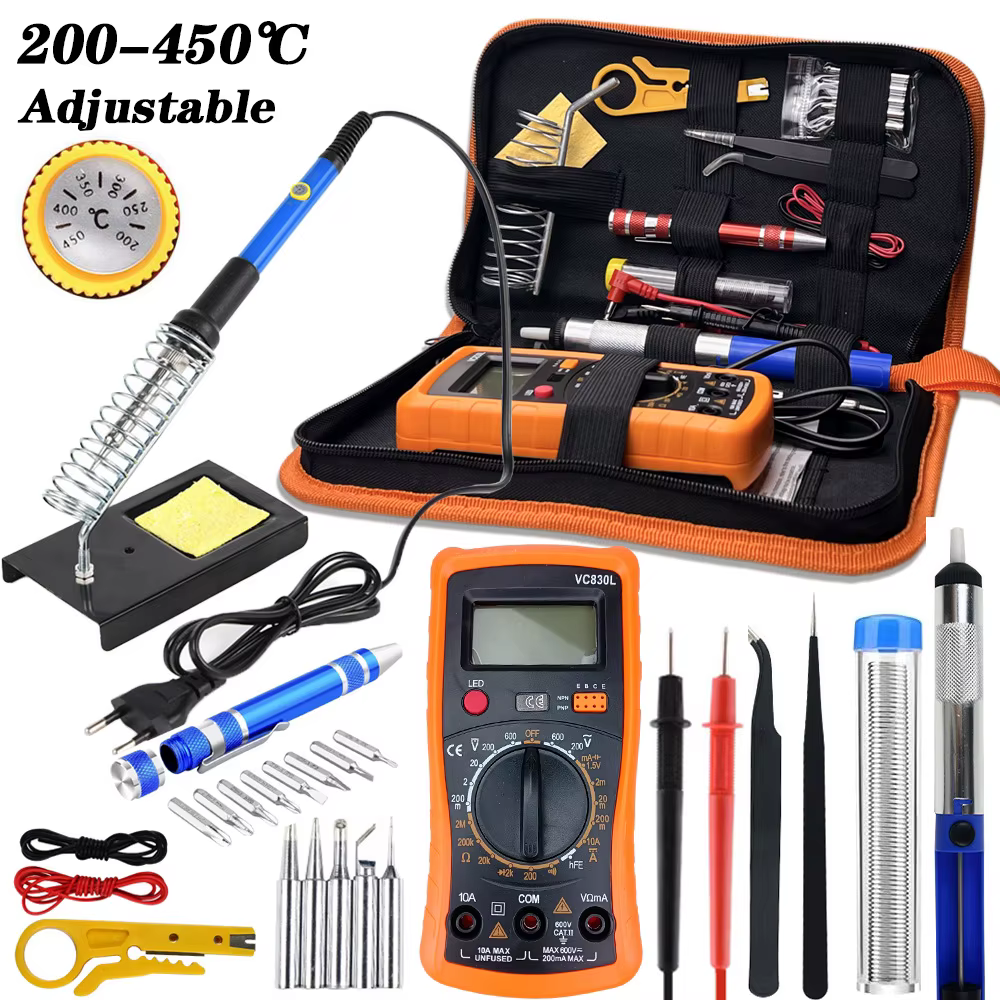 60W Adjustable Temperature Soldering Iron & Multimeter Kit for Electronics Repair