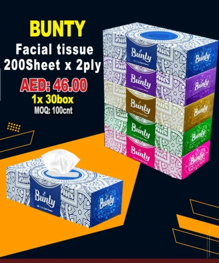 BUNTY Facial Tissue 2-Ply – 200 Sheets (Pack of 30 | 1 x 5 x 6 Outer)