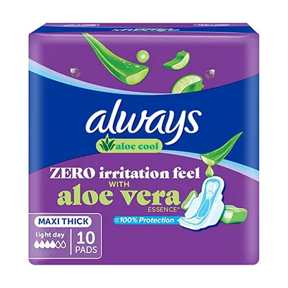 Always Aloe Cool Wings Violet 10pcs– Soothing Aloe Sanitary Pads with Wings for Cooling Comfort