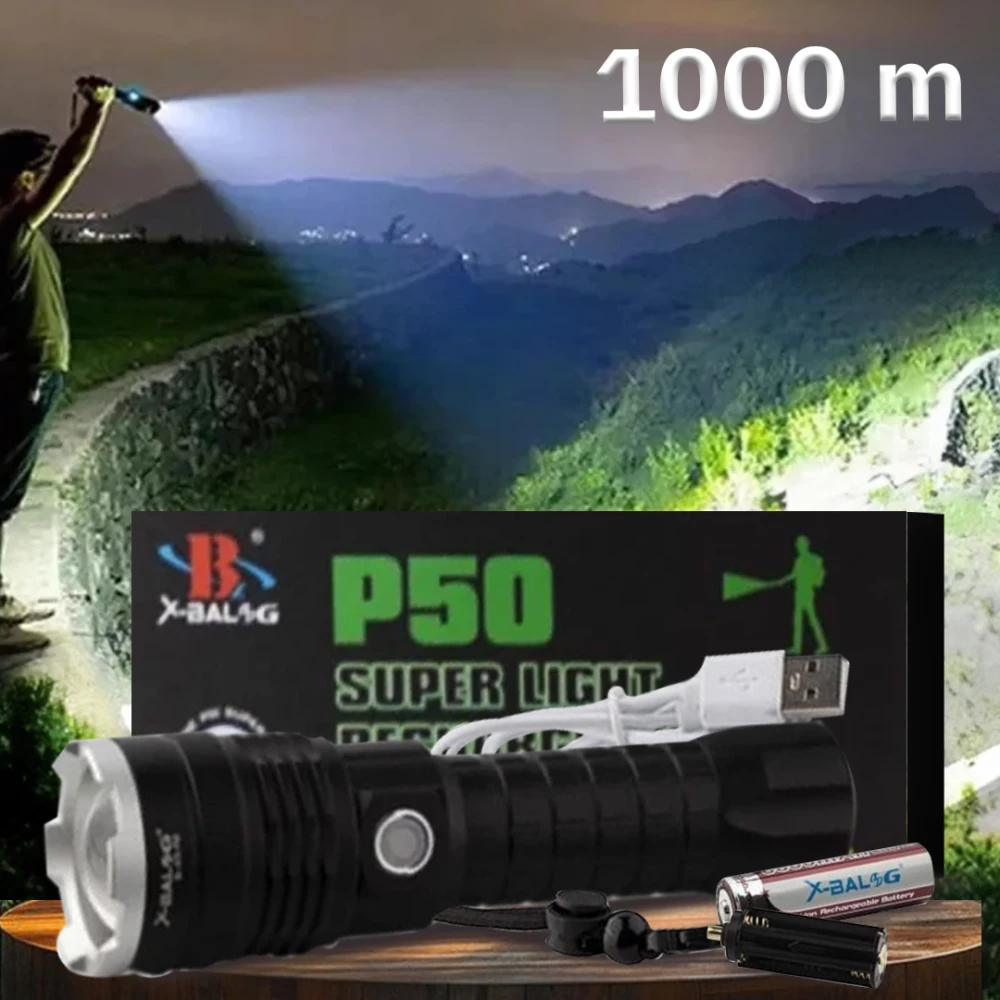 P50 Super Bright Rechargeable LED Flashlight with USB & Zoom